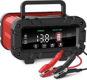 YONHAN Battery Charger 0-10 Amp, Upgraded 12V/24V LiFePO4 Lead Acid Portable Car Battery Charger w/Large Display Screen, Fully-Automatic Smart Trickle Charger Automotive, Battery Maintainer